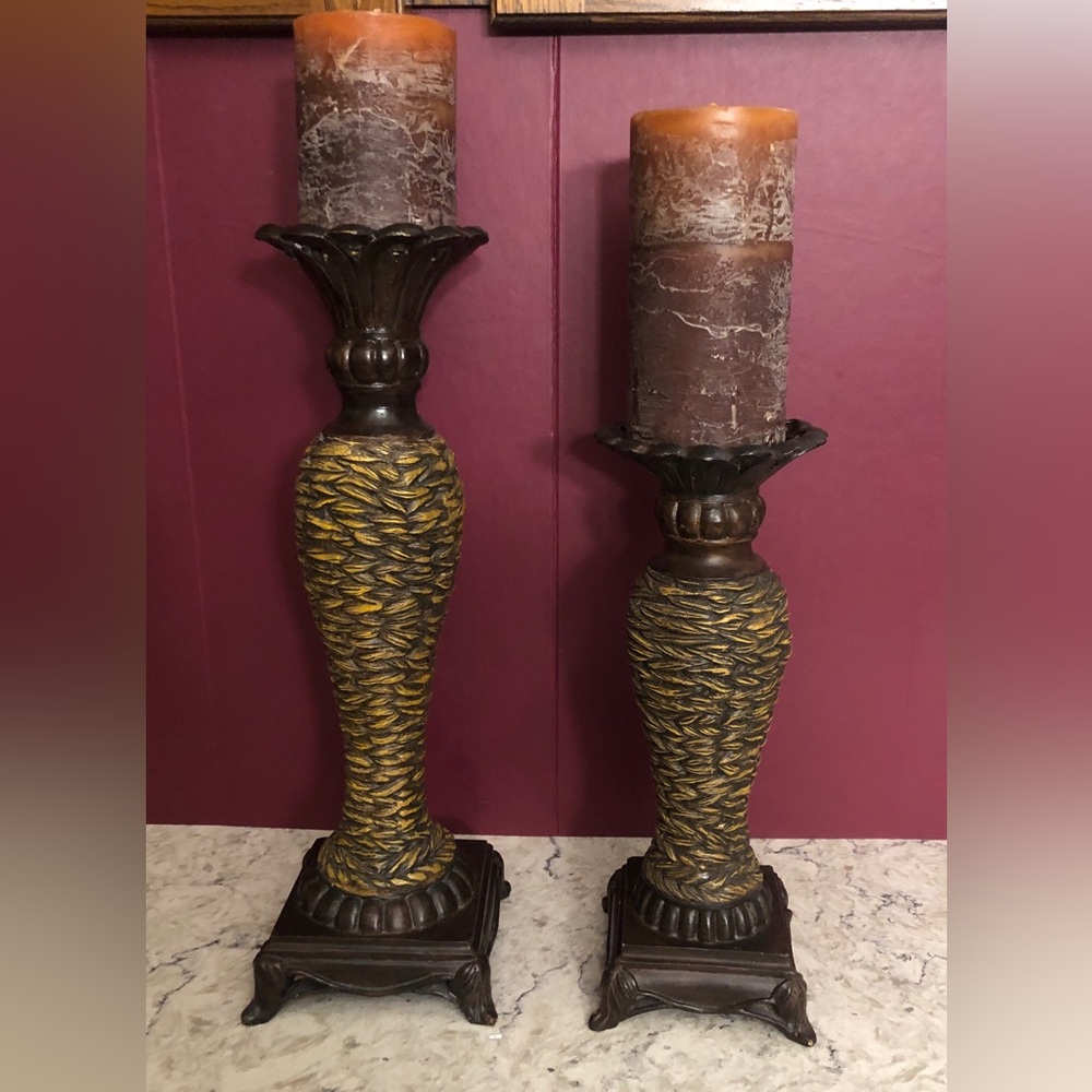 Candle Holders 2 Antiqued Bronze Tone Wood Pillar
For the Pair